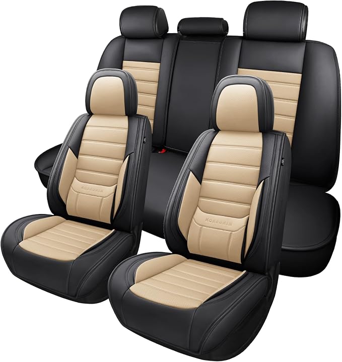 MINGBRON Car Seat Covers Full Set, Brown Car Seat Cover Lumbar Support, Car Seat Protector Waterproof, Nappa Leather Car Seat Cushion, Front Seats and Back Fit for Most Cars Beige by MINGBRONCARSEATCOVER