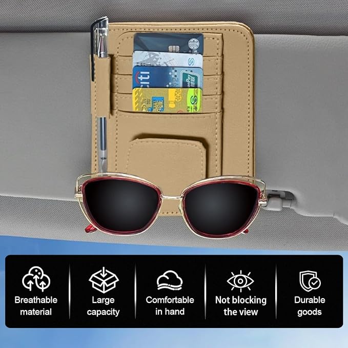 GLSOWEE Leather Car Sun Visor Organizer Clip with Sunglasses Holder, Beige | Universal Car Truck Visor Document Holder, Auto Visor Pocket Storage Pouch for Bill Card Registration/Driving License Pen - Image 3