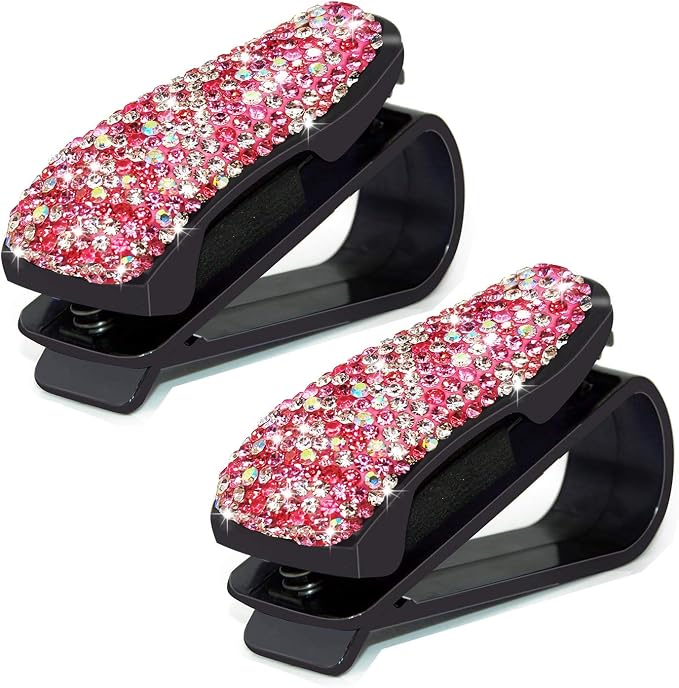 Glasses Holders for Car Sun Visor, 2 Pack Bling Crystal Rhinestones Fashion Car Eyeglasses Sunglasses Hanger Mount with Ticket Card Clip for Women Girls (Pink) by CHIMUYU