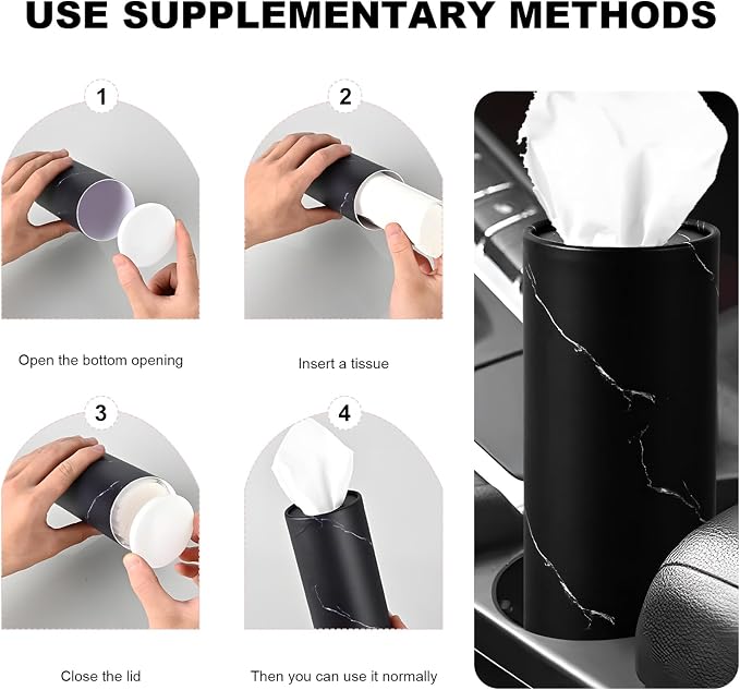 4 PCS Car Tissue Holder, Refillable Round Napkins Containers with Papers Inside, Convenient Travel Tissue Tubes Facial Paper Towel Cylinders for Vehicle Cup Holders (Marble Black) - Image 5