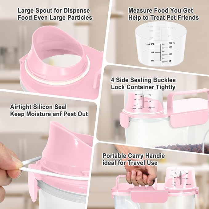 Dog Cat Food Storage Container with Cup (Pink, 5L) | Pet Food Pourable Container Airtight with Large Spout, BPA-Free Plastic Food Dispenser for Pet Food, Bird Seed, Rice, Flour - Image 3