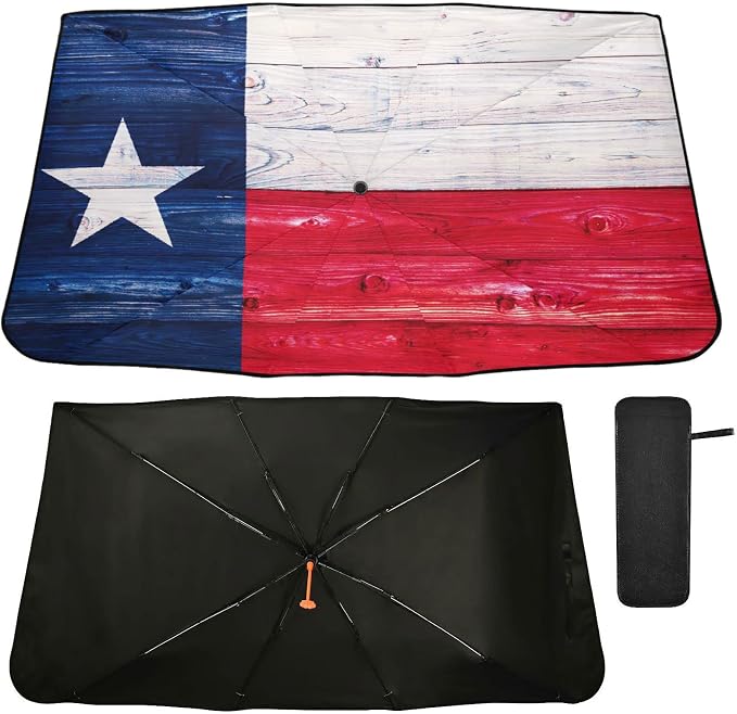 American Flag Windshield Sun Shade Umbrella The State Texas Wooden Foldable Car Front Window Sunshade Blocks UV Rays Heat Keep Vehicle Cool (55" x 27.5") by Oarencol