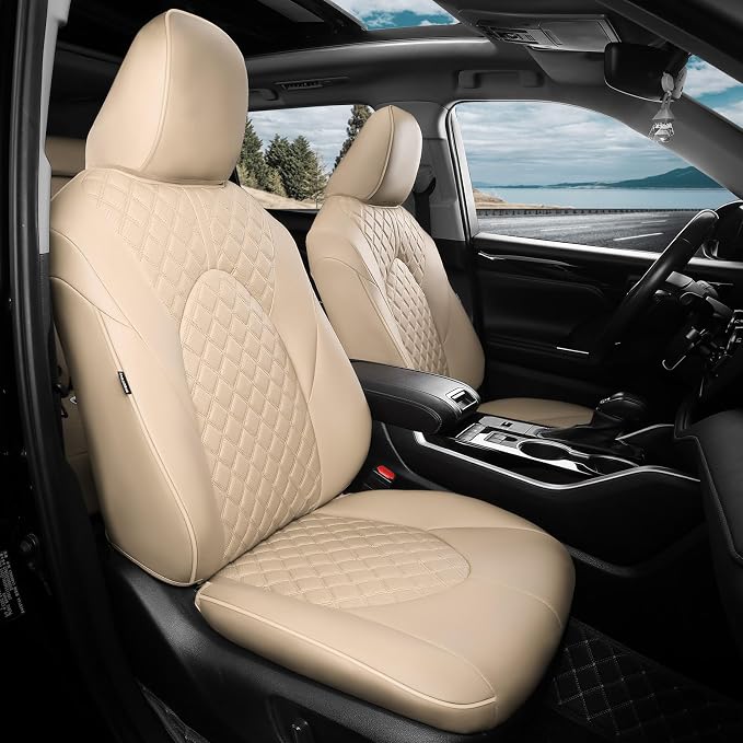 Custom Seat Covers for Toyota Highlander 2020-2026 7 Seats Beige | faux leather, 2nd row captain chairs, waterproof, breathable, airbag compatible, stain resistant, easy install, durable by FEINEPRO