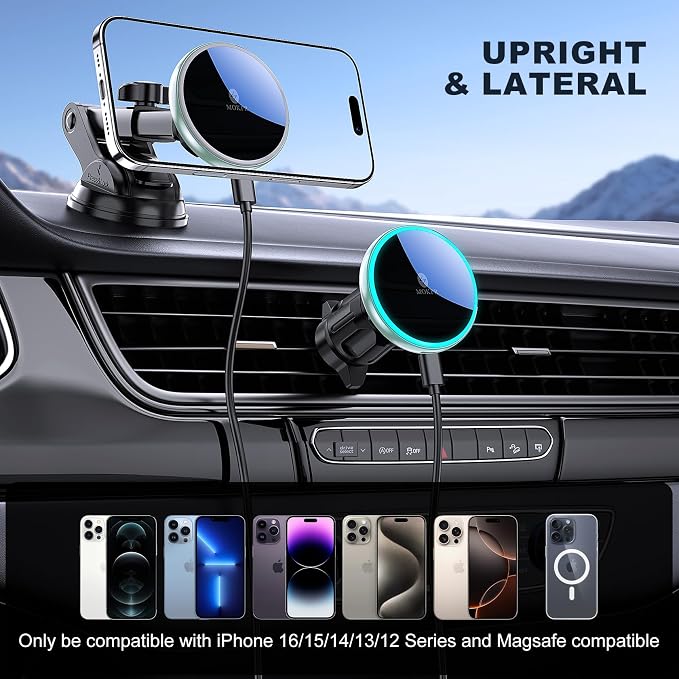 for Mag-Safe Car Mount Charger Dash Windshield Vent Magnetic Phone Holder | Wireless Car Charger with LED Light Car Phone Holder for iPhone 17 16 15 14 13 12 Series for MagSafe Green - Image 3
