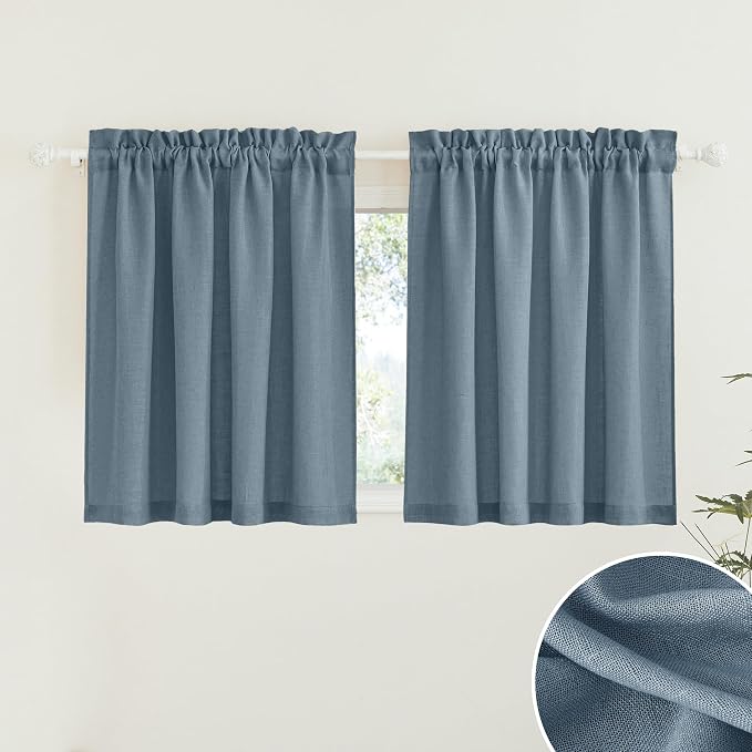 RYB HOME Blue Sheer Curtain Tiers 36 inch Length, Semi Sheer Half Privacy Kitchen Window Covering Lights Filtering for Cafe Bathroom Closet, Stone Blue, W52 x L36 inch, 2 Panels by RYBHOME