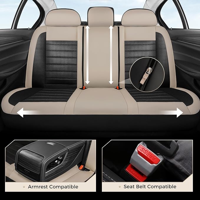 Coverado Car Seat Covers Full Set, Luxury Leather Car Seat Covers, Automotive Front and Rear Mesh Seat Covers, Full Set 5 Seats, Black Beige Seat Covers for SUV Sedan Truck - Image 8