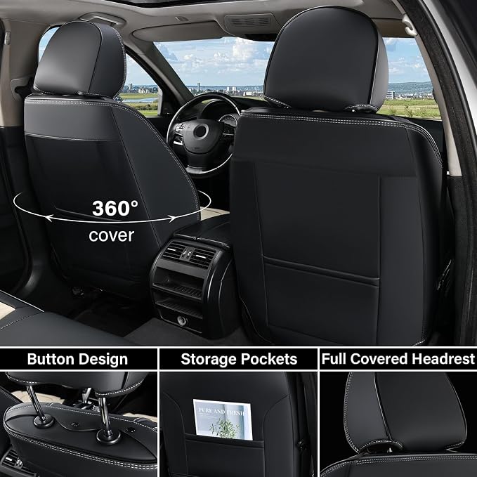 Coverado Seat Covers, Car Seat Covers Full Set, Leather Seat Covers for Cars, Automotive Seat Covers Car Seat Protector Car Accessories Fit for Most Sedans SUV Pick-up Truck(Black&Beige) - Image 2