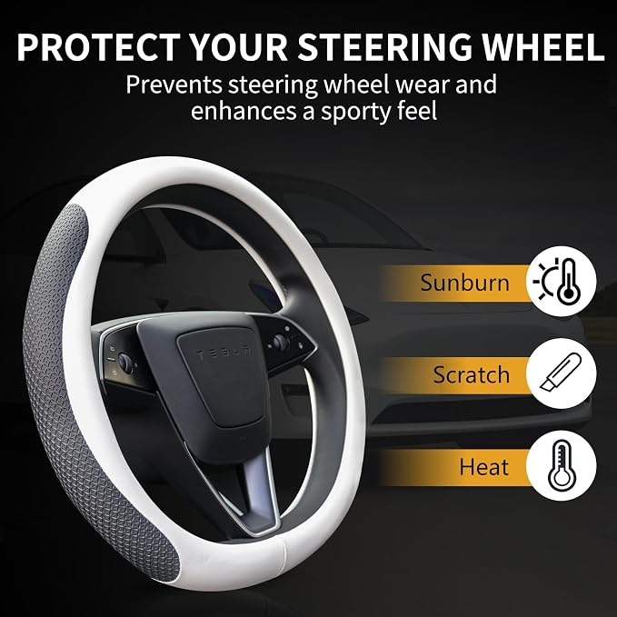 Uxcer Nappa Leather Steering Wheel Cover Compatible with Tesla Model 3/Y 2016-2025 2026 Juniper/Highland, Non-Slip Breathable Tesla Model 3/Y Steering Wheel Protector, White - Image 6
