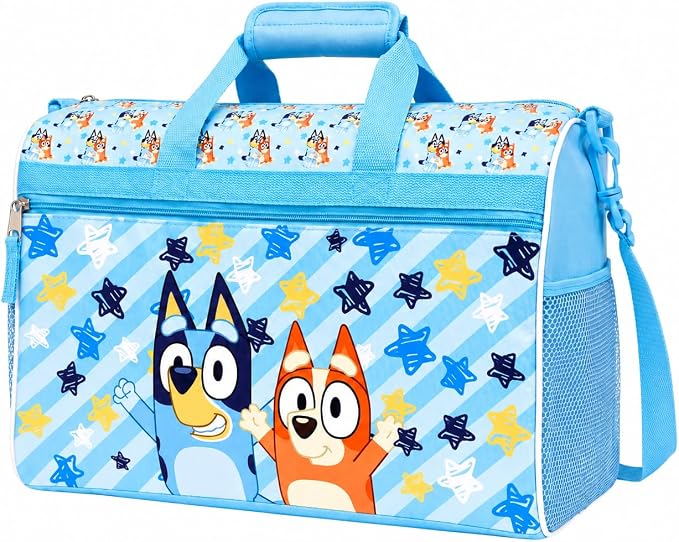Bluey Kids’ Duffle Bag – Bluey & Bingo Travel Gym Bag with Adjustable Shoulder Strap, Mesh Side Pockets & Zipper Pocket by FASTFORWARD