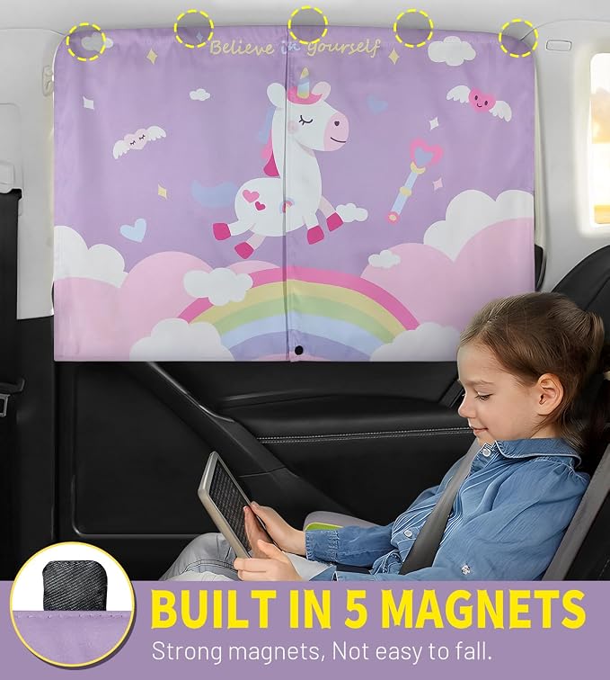 Car Window Shades, 2 PCS Magnetic Double Layer Car Sun Shade for Side Windows Privacy Full Covers/Half Shade Options Unicorn Patterns Car Window Curtains for Baby Protection - Image 2
