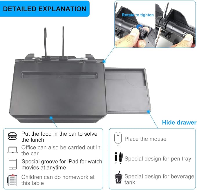 CPROSP Car Steering Wheel Seat Tray Desk Foldable Portable with Mouse Drawer for Eating Writing Working in Car, with Notebook Groove/Drink Cup Groove - Image 3