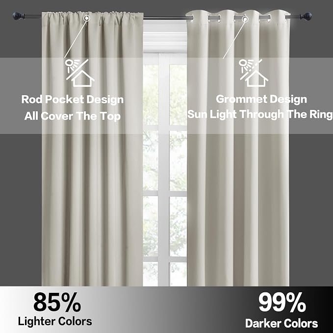 RYB HOME Short Curtains for Bedroom, Room Darkening, Rod Pocket | Thermal Insulated, Summer Heat Light UV Blocking, Triple-weave Fabric, Nursery Kitchen Bathroom, W42 x L48, Natural, 2 Panels - Image 4