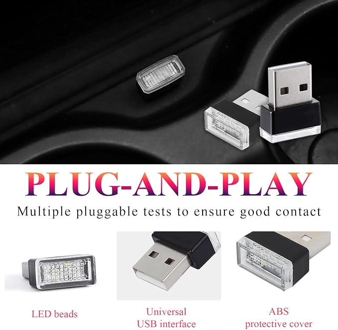 Yourkar 4 PCS USB LED Car Interior Atmosphere Lamp, Plug-in USB Interface Trunk Ambient Lighting Kit, Night Led Decoration Mini USB Light, Universal Interior Car Accessories (White+Red) - Image 3