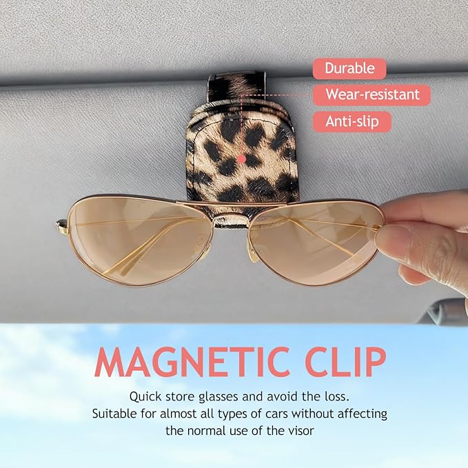 Sunglass Holder for Car Visor, Cheetah Leopard Magnet Sunglasses Holder for car Leather Sunglasses Holder and Ticket Card Clip Car Visor Accessories - Image 2