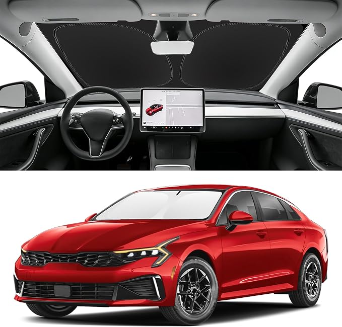 Custom Fit Windshield Sun Shade for Kia K5 2021-2026 | Blocks UV Rays and Sun Heat, Helps Reduce Interior Temperature, Protects Dashboard from Fading, Folds Easily for Storage by SLOGENTO