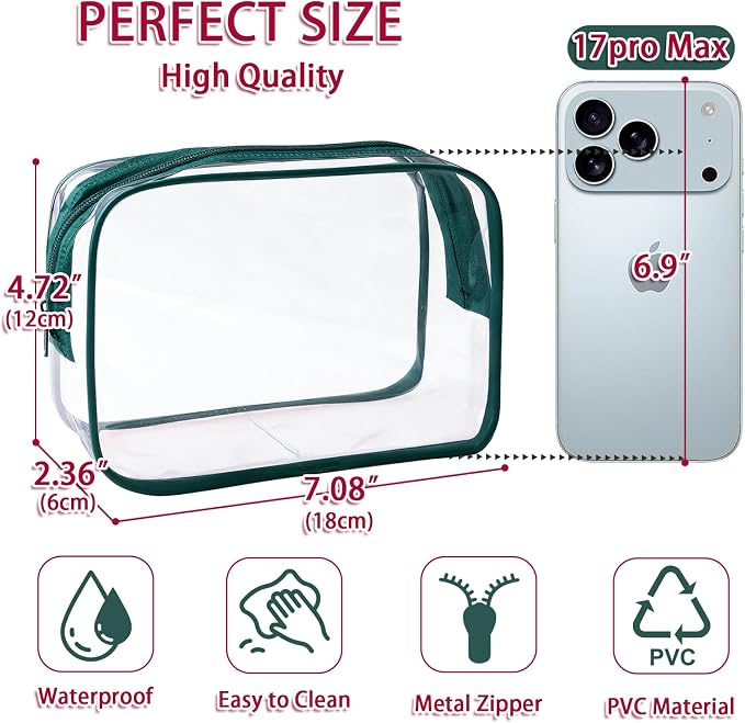 12 Pieces Clear Makeup Bags Bulk, TSA Approved Toiletry Bag Cosmetic Toiletries Pouch with Zipper, Waterproof Vinyl Plastic Organizer Case for Carry-on Travel Essentials (Green Medium) - Image 2