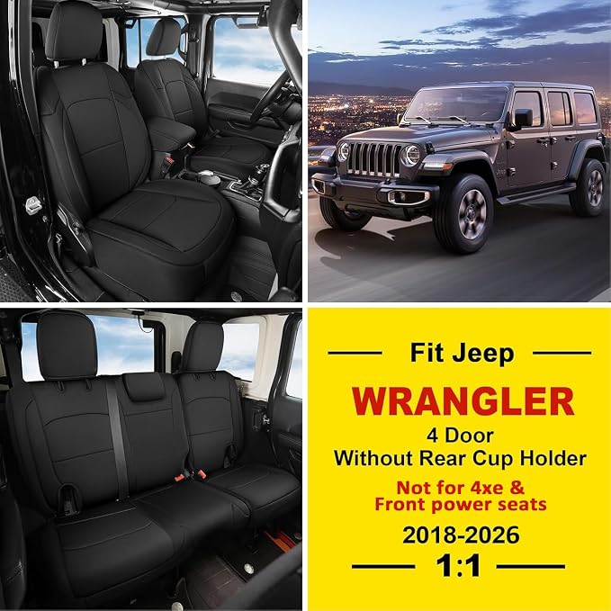 GIANT PANDA Neoprene Seat Covers for Jeep Wrangler JL 4-Door (2018-2026), Neoprene Waterproof Seat Covers W/O Armrest Cover, Foam Padded for Full Set (Black) - Image 2