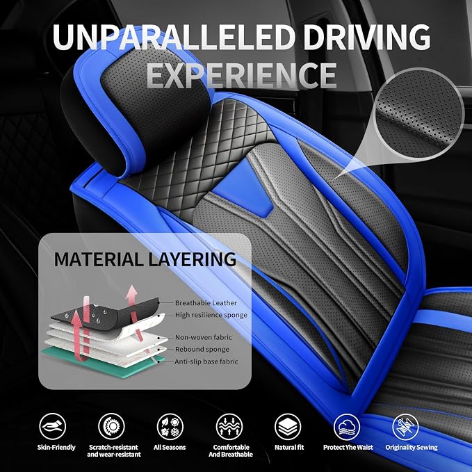 Fit Tacoma Premium Leather Car Seat Covers for Toyota Tacoma 2016-2022 2023 - Waterproof，Breathable，All-Weather Seat Cushion Protecto & Airbag Compatible, 2 Front Seat Blue&Black - Image 2