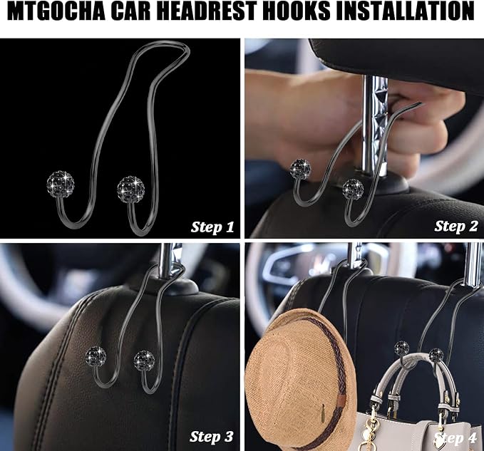Bling Purse Hook for Car Headrest, Cute Car Seat Hooks (2Pack) | Upgraded,Durable Stainless,Car Purse Hanger,Purse holder,Rhinestones,Bag Hooks,Car Hooks for Purses and Bags Cute,All Black - Image 4