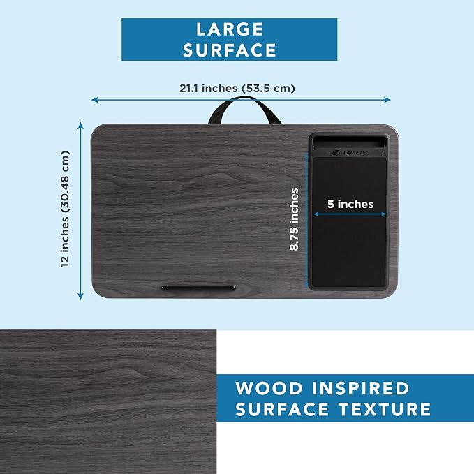 LAPGEAR Home Office Lap Desk – Gray Woodgrain, Fits 15.6” Laptops | Built-In Mouse Pad & Phone Slot, Integrated Device Ledge, Dual-Bolster Microbead Cushion, Carry Handle - Image 5