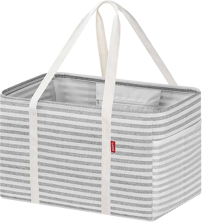 LHZK Standing Utility Tote Bag with Metal Wire Frame and the Sides Rinforced, Large Tote Bag with Handle, Reusable Grocery Bags Foldable, Beach Bag, Car Tote (Gray, 18.5''x11.8''x11.5'') | Metal Wire Frame by LHZK
