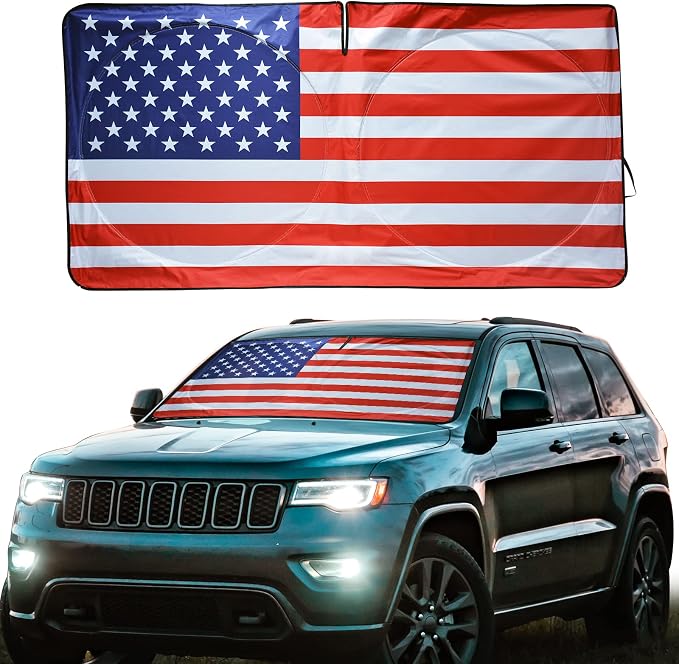 Car Windshield Sun Shade American Flag Design, KANCOKIT Foldable Car Front Window Sun Shield for SUV Truck Van, Keeps Your Vehicle Cool, Protects Dashboard from Fade and Cracks (59 x 33.5 Inch) by Provideserviceforyorcar