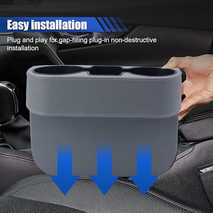 KITUREK Car Cup Holder, PU Leather Cover Auto Front Seat Organizer, Grey | Multifunctional Cup Drink Holder, Gap Filler Coin Bucket Storage Box, Console Side Pocket, Cell Mobile Phone Holder - Image 7