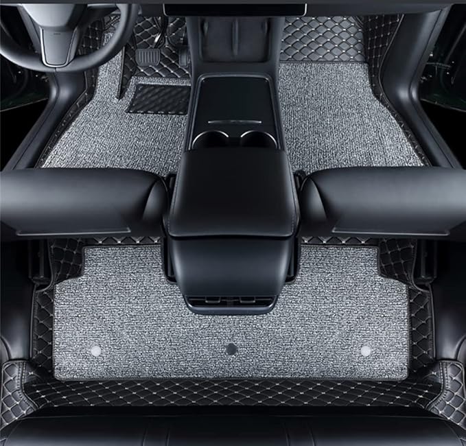 Compatible with Tesla Model Y Juniper Refresh 5 Seat 2026(Not fit Standard) Floor Mats Luxury Leather + Topper Carpet Floor Liners All-Weather (Black/Beige) by ZYCHUANGYING