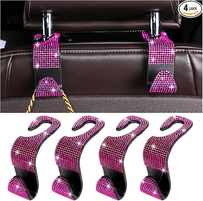 Zpana 4PCS Bling Car Seat Headrest Hooks, Vehicle Back Seat Purse Handbag Hanging Holder with Crystal Rhinestone, Diamond Storage Organizer Hook, Universal Automotive Accessories (Black/Pink) | Vehicle Back Seat Purse Handbag Hanging Holder, Crystal Di... by Zpana