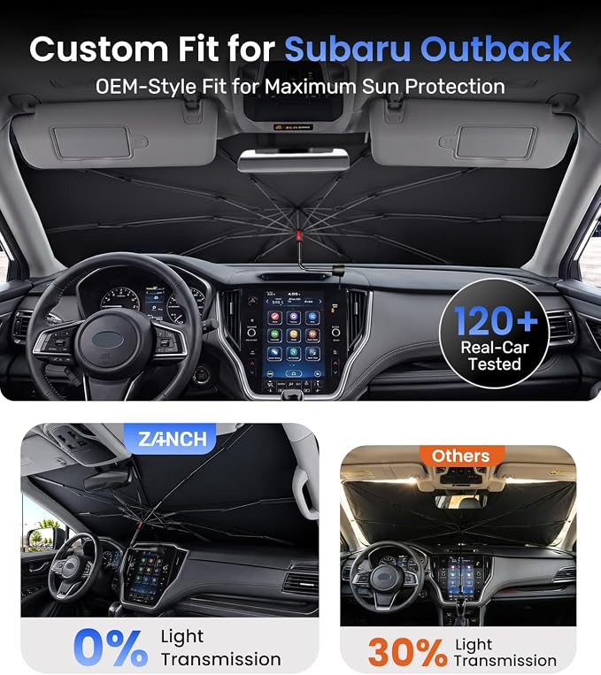 Zanch Windshield Sun Shade Umbrella Snug Fit for Subaru Outback 2000-2026 | [99% UV Protection, Up to 75℉ Cooler] Reflective Heat Shield, Built to Last, No Scratches, Foldable Front Sunshade Umbrella - Image 4