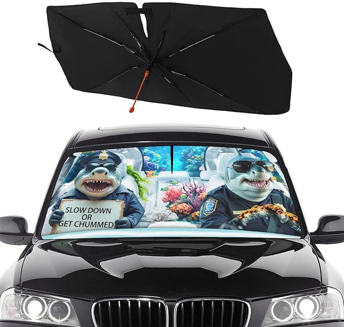 Socira Funny Sharks Car Windshield Sunshade Umbrella Foldable | Umbrella Sun Shade Windshield Cover Sunshade Car Accessories Blocks Uv Rays Keeps Cool (57" X 30") by Socira