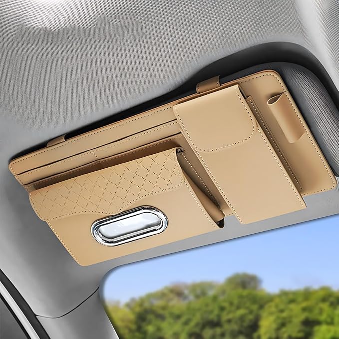 ZIMISI Leather Car Visor Organizer, Sun Visor Storage Bag, Car Tissue Holder, Multi-Pocket Document Holder, Vehicle Travel Accessories for Pen, License, Cards, Sunglasses, Tissues (Khaki) by Unknown