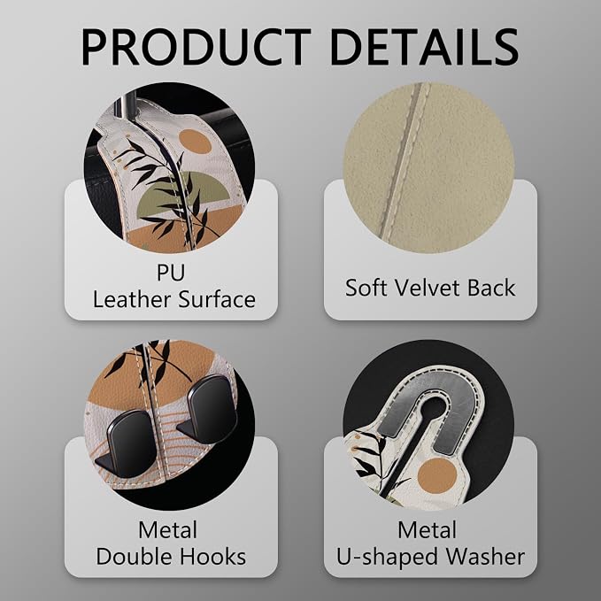 Blusabaca 2PCS Car Seat Headrest Hooks, Purses Bags Holder, Boho Leaves | PU Leather, Double Metal Back Storage Hangers for Grocery Bags Handbags Bottles Coats Phones, Car Accessories Organization - Image 4