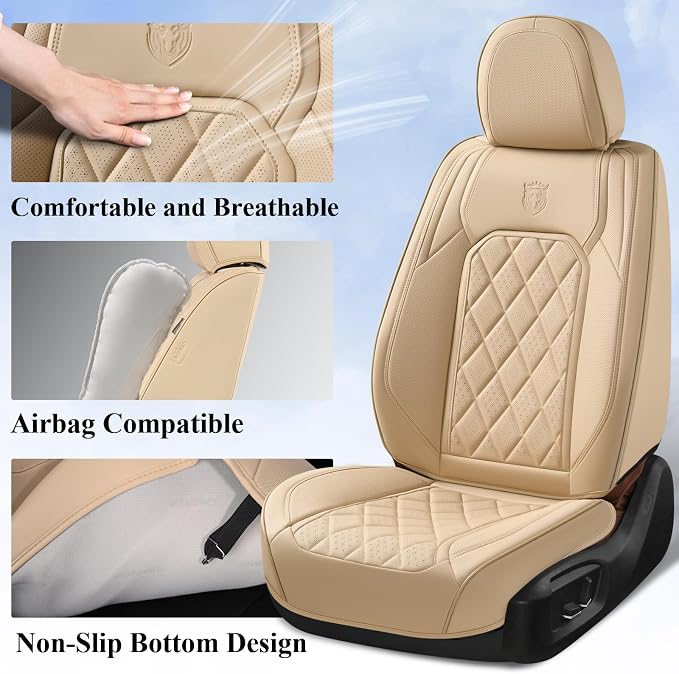 Coverado Front Seat Covers, 2-Pack Luxury Faux Leather Car Seat Cover, Beige Seat Covers, Car Seat Protector Waterproof, Car Seat Cushion Driver Seat Cover Universal Fit for Most Cars, Beige - Image 3