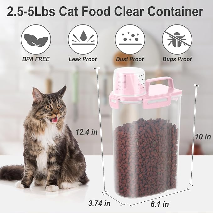 Dog Cat Food Storage Container with Cup (Pink, 2.5L (2 pack)) | Pet Food Pourable Container Airtight with Large Spout, BPA-Free Plastic Food Dispenser for Pet Food, Bird Seed, Rice, Flour - Image 3