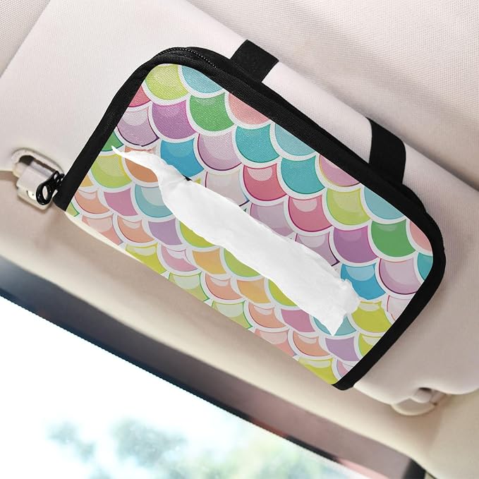 Car Tissue Holder Car Napkin Holder Tissue Box Dispenser Storage Case Sun Visor Mask Holder Accessories with Adjustable Straps Reusable Refillable Bright Multicolor Mermaid Scale - Image 7