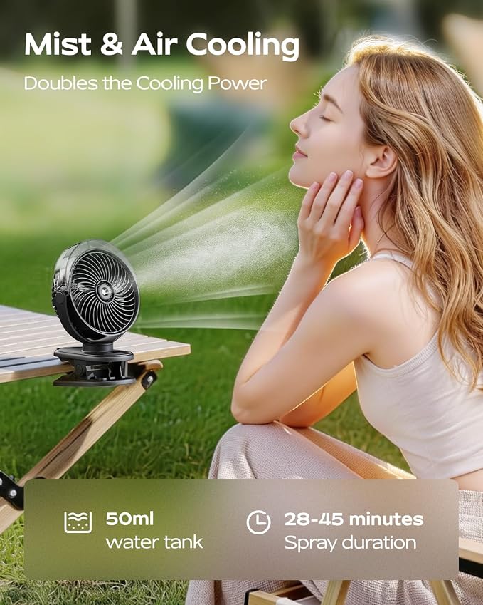 SWEETFULL Portable Misting Clip On Fan, USB-C Rechargeable Mini Personal Cooling Fan with 4 Speeds, 360° Rotatable, Quiet Cooling for Outdoor, Camping, Golf Cart, Travel, Stroller & Desk (Black) - Image 2