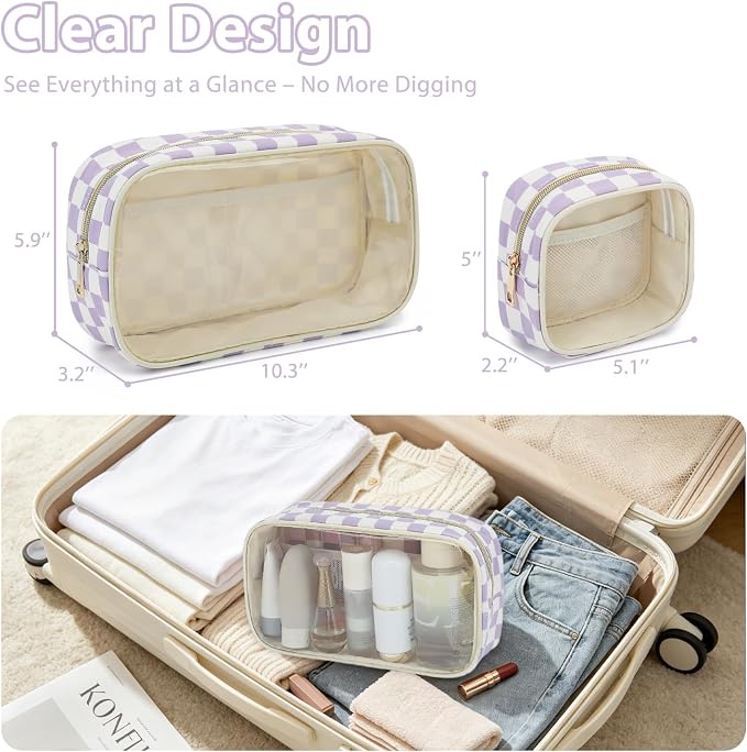 Fammart Clear Travel Makeup Bag for Women, TSA Approved Checkered Cosmetic Bag Make Up Car Organizer Case with Zipper, Large Waterproof Pouch Purse Toiletry Bag for Skincare, Brushes Travel Essentials - Image 3
