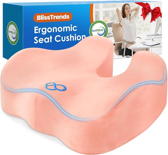 BlissTrends Memory Foam Seat Cushion for Office Chair & Car Seat, Pink | Ergonomic Tailbone & Sciatica Support with Removable Velvet Cover for Pressure Relief and Long Sitting Comfort, 3.3" Thick by BlissTrends