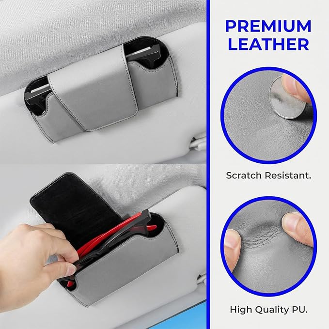Sunglass Holder for Car Visor, PU Leather Magnetic Vehicle Glasses Organizer Box with Clips, Automotive Interior Eyeglasses Storage Case Accessories, Universal for Most Vehicles (Gray) - Image 3
