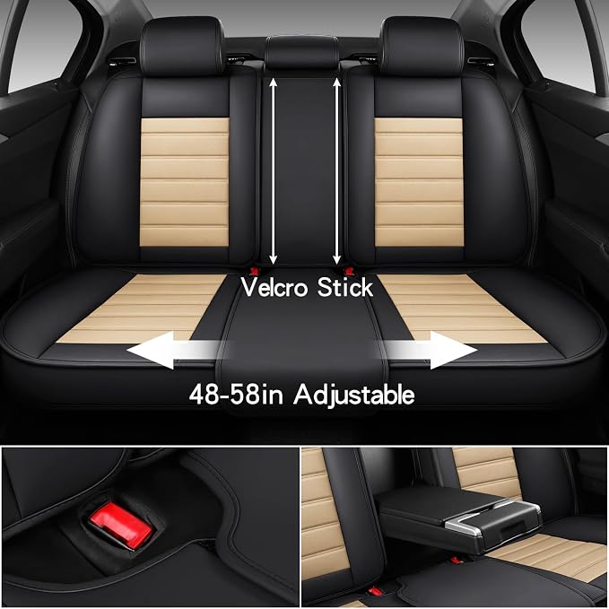 MINGBRON Car Seat Covers Full Set, Brown Car Seat Cover Lumbar Support, Car Seat Protector Waterproof, Nappa Leather Car Seat Cushion, Front Seats and Back Fit for Most Cars Beige - Image 3