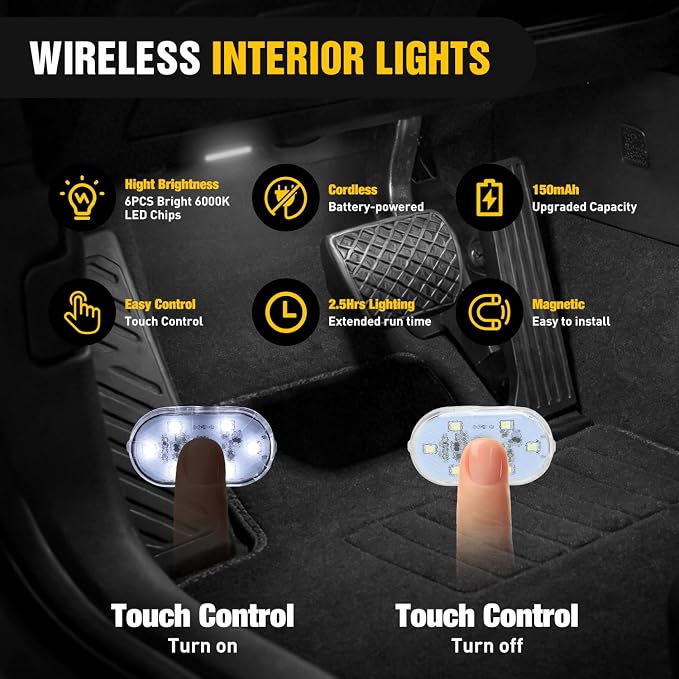 Nilight 2 PCS White Color Wireless Magnetic LED Interior Lights | USB Rechargeable Universal Mini Sticky Footwell Ambient Atmosphere Reading Lamp with Touch Sensor, Portable Night Lighting - Image 3
