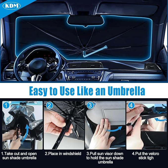 KDM Umbrella Style Windshield Sun Shade for 2014-2024 Dodge Ram ProMaster | Full Size Cargo Van Chassis Cab Cutaway Window Van,Foldable Front Windows Sunshade Visor Protector Blocks UV Rays - Image 7