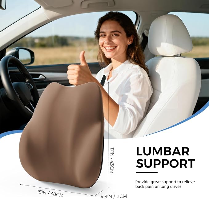 BEBAS Ergonomic Lumbar Support Pillow for Car, Memory Foam Car Back Cushion | Comfort Lumbar Pillow for Back Pain Relief, Breathable Washable Cover, Fits for Driving, Office, Wheelchair, Brown - Image 2