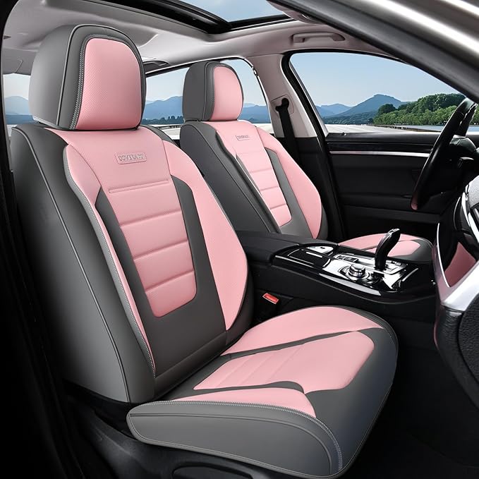Coverado Car Seat Covers Front, Seat Covers for Cars, Waterproof 2-Pack Car Seat Cushions, Leather Carseat Seat Protectors, Universal Seat Covers Fit for Most Sedans SUV Pick-up Trucks(Gray&Pink) by COVERADOAUTO