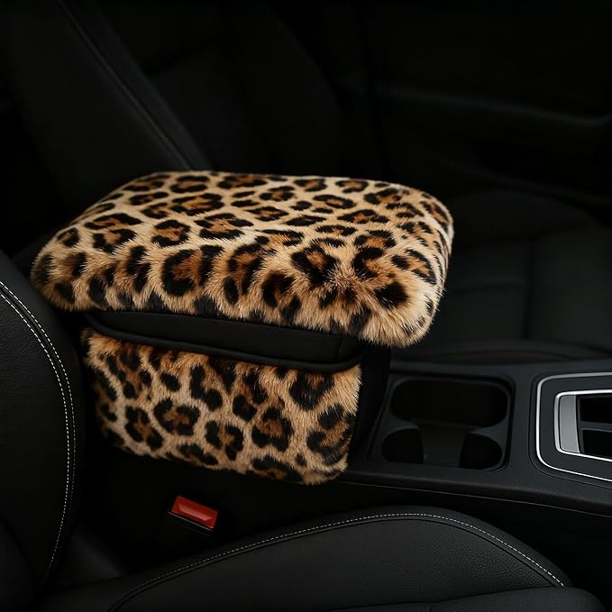 Fluffy Car Armrest Cover with Side Pockets – Plush Fuzzy Fur Center Console Armrest Cushion Pad, Universal Winter Car Interior Protector, Soft Arm Rest Cover with Storage for Women & Men (Leopard) by Unknown