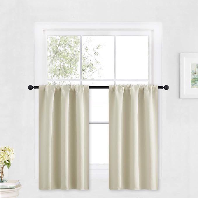 RYB HOME Cafe Curtains 30 inch Length, Short Window Curtain Tiers | Light UV Heat Blocking, Energy Saving, Privacy Protection, For Basement Bathroom Kitchen Window, W29 x L30, Beige, 2 Panels by RYBHOME