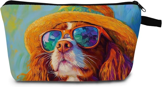 Cavalier King Charles Spaniel Makeup Bag Vintage Oil Painting Style Adorable Dog with Straw Hat & Sunglasses Artistic Cosmetic Pouch for Dog Lovers Gift for Pet Enthusiasts by Unknown