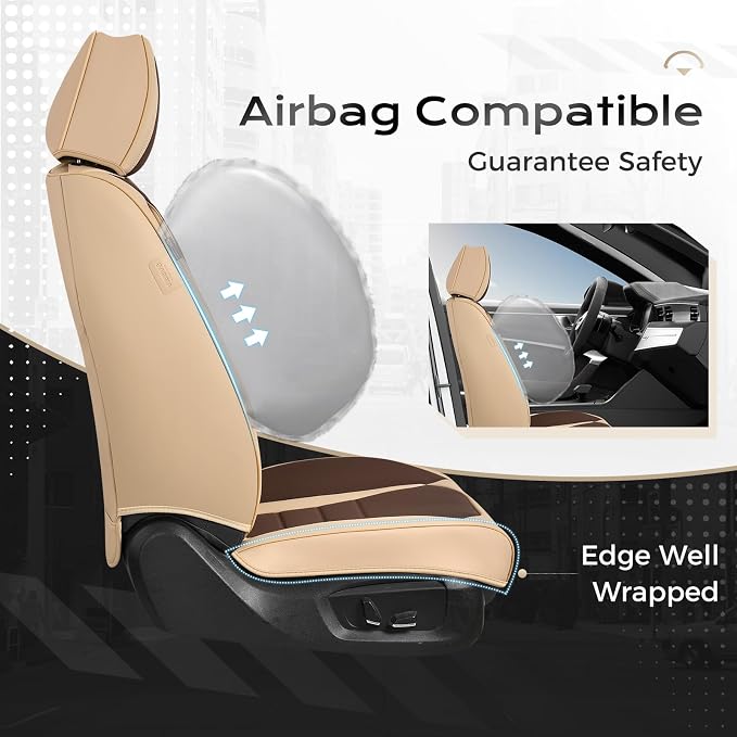 Coverado Car Seat Covers Full Set, Nappa Leather Seat Covers for Cars, Car Seat Protector Car Seat Cushion, Front and Back Seat Protectors Cushions Universal Fit for Most Cars Vehicles(Beige&Coffee) - Image 4