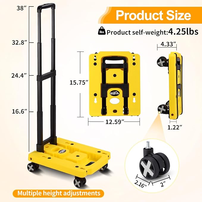 GtIiFmTe Foldable Hand Truck, Lightweight Luggage Cart for Airport Car Seat | Compact Folding dolly with Rotating swivel wheel,storage size12×15.7×4.1",300lbs Load,Upright Lock Handle with 3bungee cords - Image 2